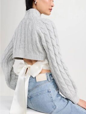 For Love & Lemons Light Gray Cable Knit Cropped Turtleneck with Satin Back Bow